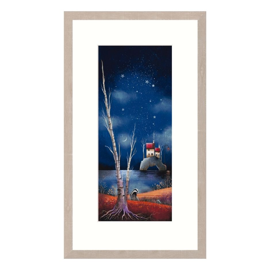 Framed artwork of a lighthouse at night with stars and a tree in the foreground.