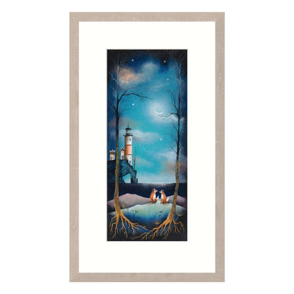 Framed artwork of a lighthouse and couple under a starry sky.