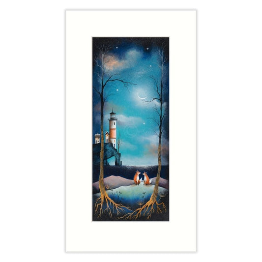 Framed artwork of a lighthouse and two figures under a starry sky.