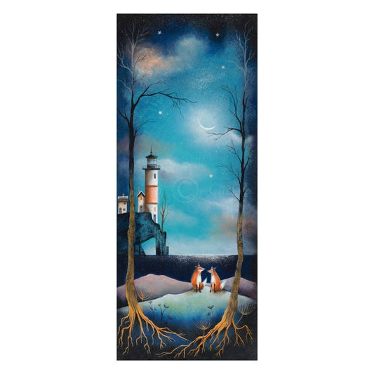 Painting of a lighthouse, trees, and two animals sitting by a lake under a night sky with a crescent moon.