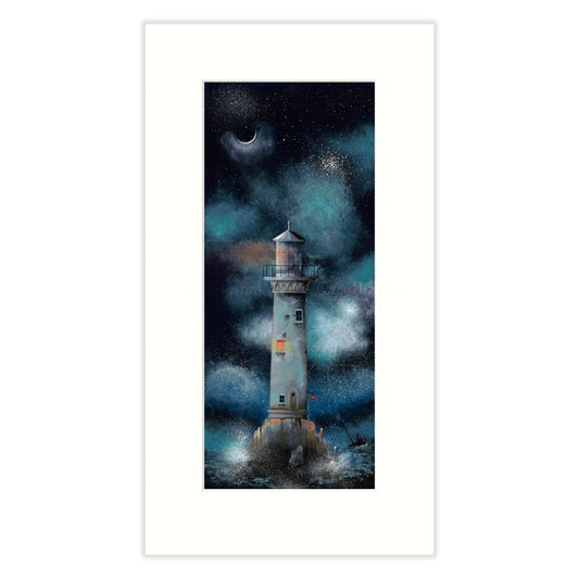 Framed artwork of a lighthouse against a night sky with stars and moon.