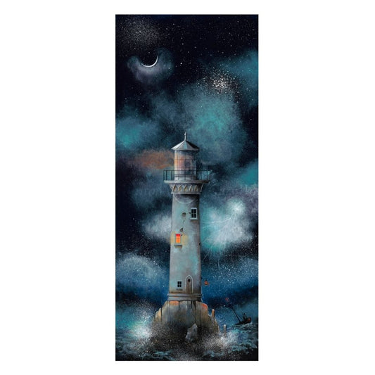 Lighthouse against a starry night sky with a crescent moon.