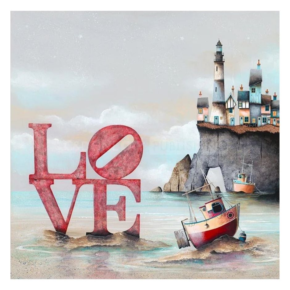 Artistic depiction of a coastal scene with 'LOVE' in large red letters, a lighthouse, and a small boat.