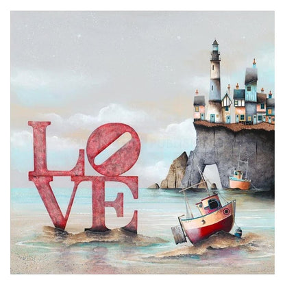 Artistic depiction of a coastal scene with 'LOVE' in large red letters, a lighthouse, and a small boat.