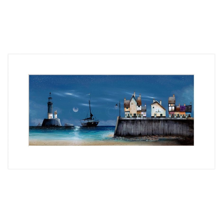 Coastal scene with lighthouse, sailboat, and small houses at night.
