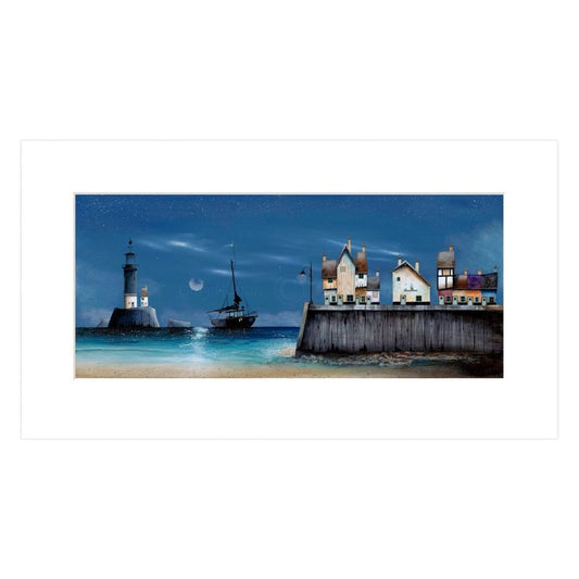 Coastal scene with lighthouse, sailboat, and small houses at night.