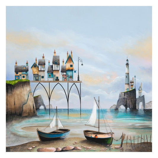 Artistic depiction of a coastal scene with houses, boats, and a lighthouse.