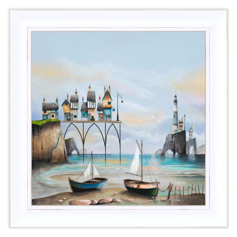 Framed artwork of a coastal scene with boats, houses, and a lighthouse.