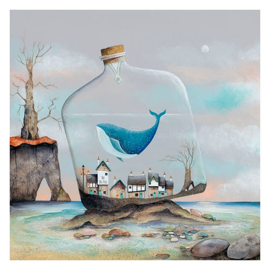 Whale inside a bottle with a small town on a rock, surrounded by trees and water.