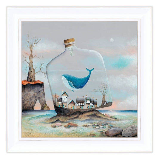 Framed artwork of a whale in a bottle with a small town on a rock, surrounded by trees and water.