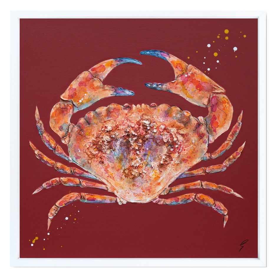 Colorful crab illustration on a red background