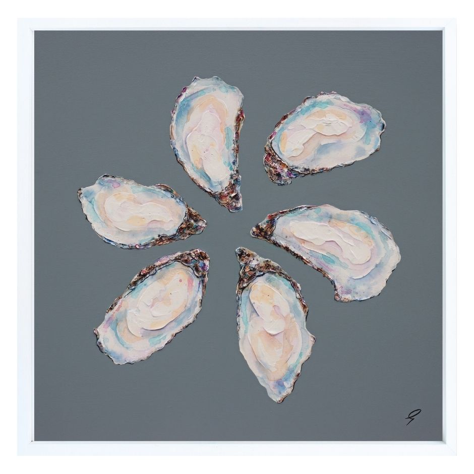 Painting of oyster shells on a gray background