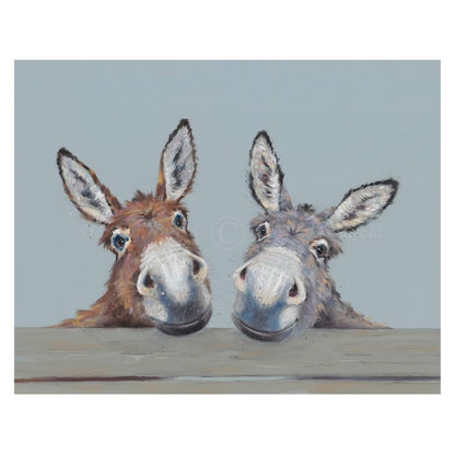 Two donkeys peeking over a surface with a light blue background