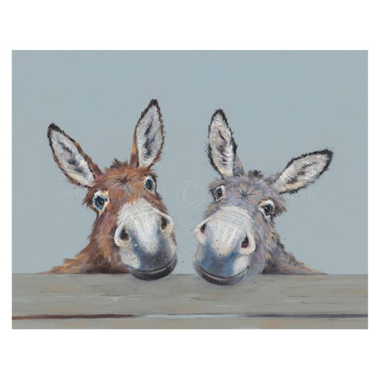 Two donkeys peeking over a surface with a light blue background