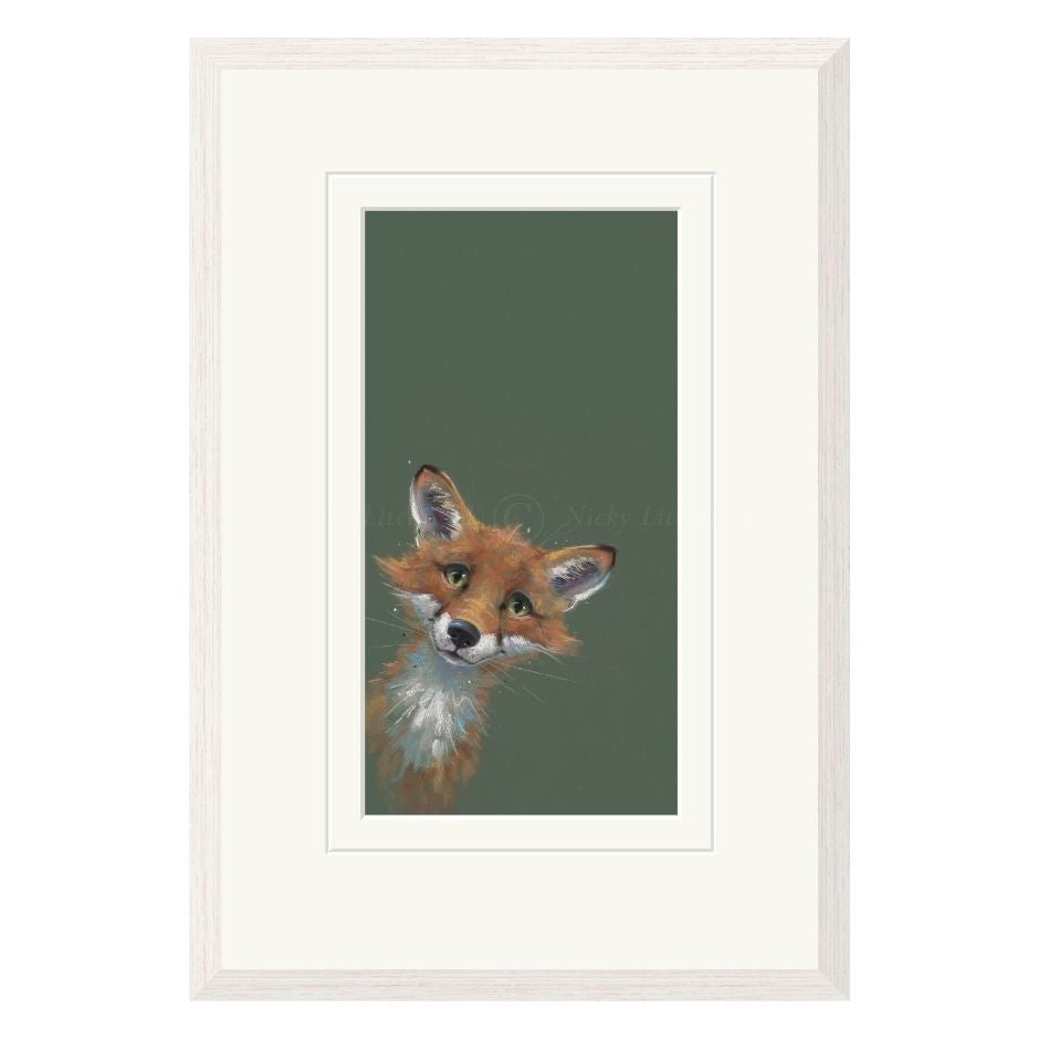 Framed artwork of a fox on a green background