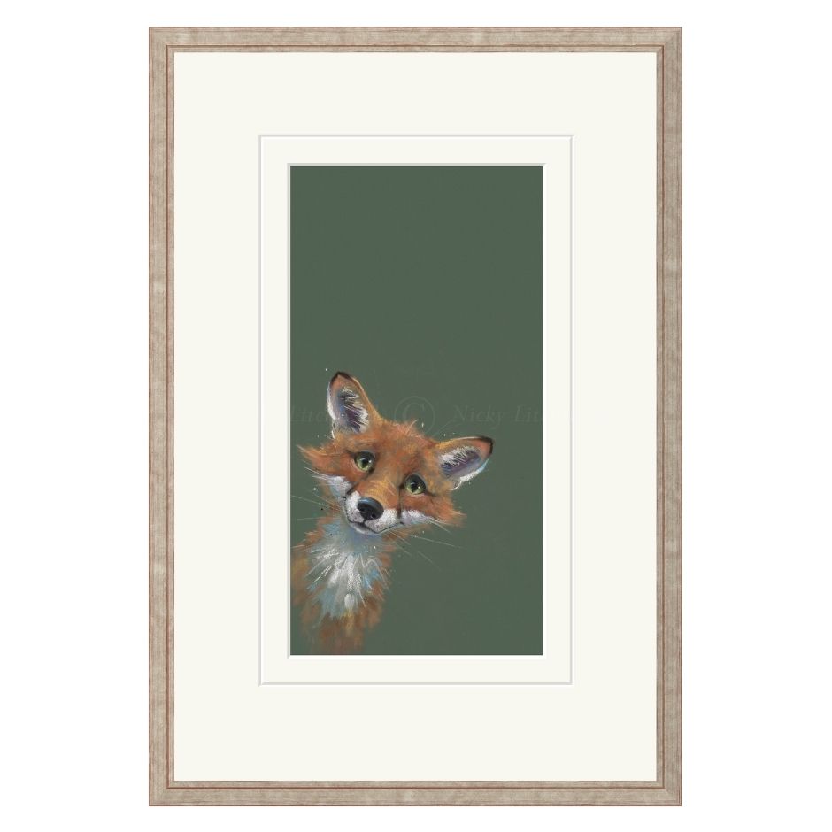 Framed artwork of a fox peeking over a green background