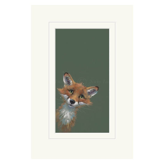 Mounted artwork of a fox on a green background