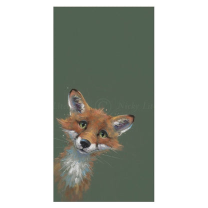 Illustration of a fox's face on a green background