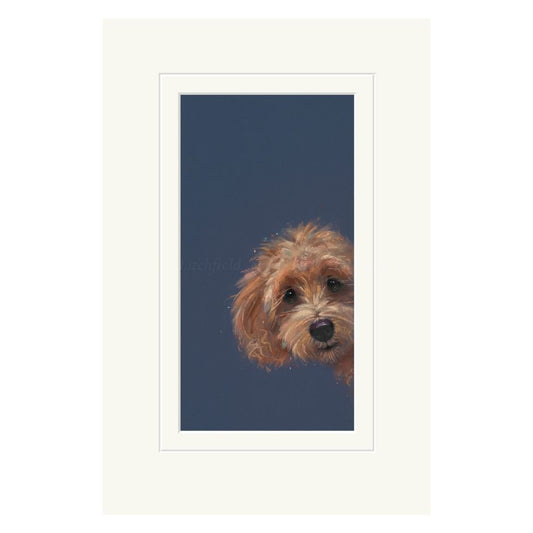 Mounted artwork of a dog's face on a blue background