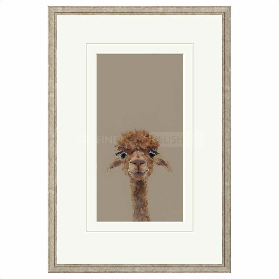 Framed artwork of a llama's face on a beige background