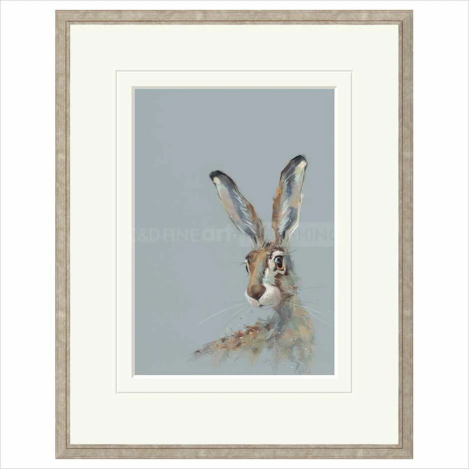 Framed artwork of a rabbit on a light blue background