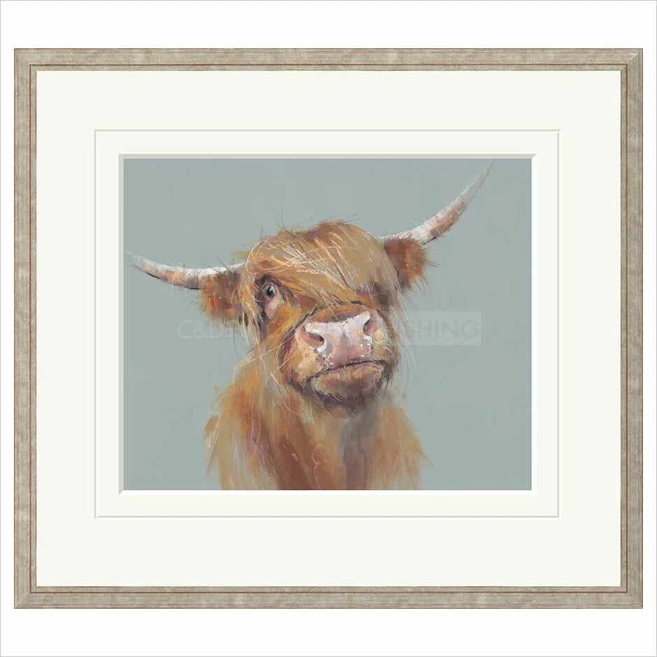 Framed artwork of a highland cow on a light gray background