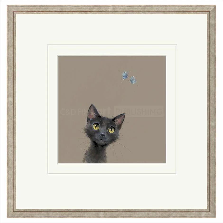 Framed artwork of a black cat with yellow eyes on a beige background