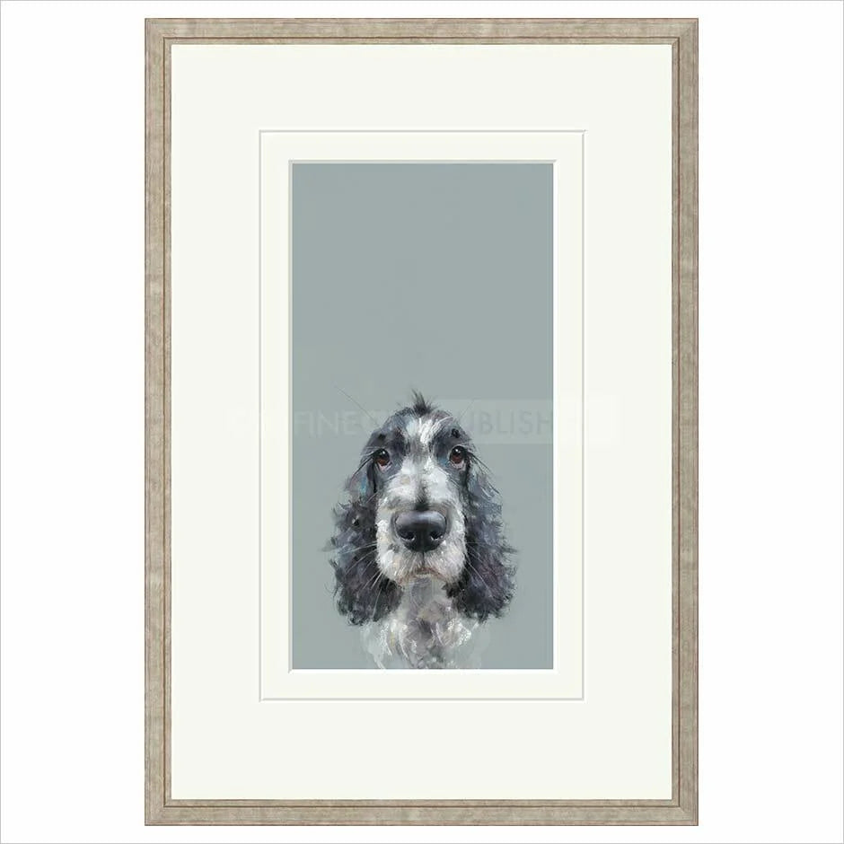 Framed artwork of a dog's portrait on a gray background