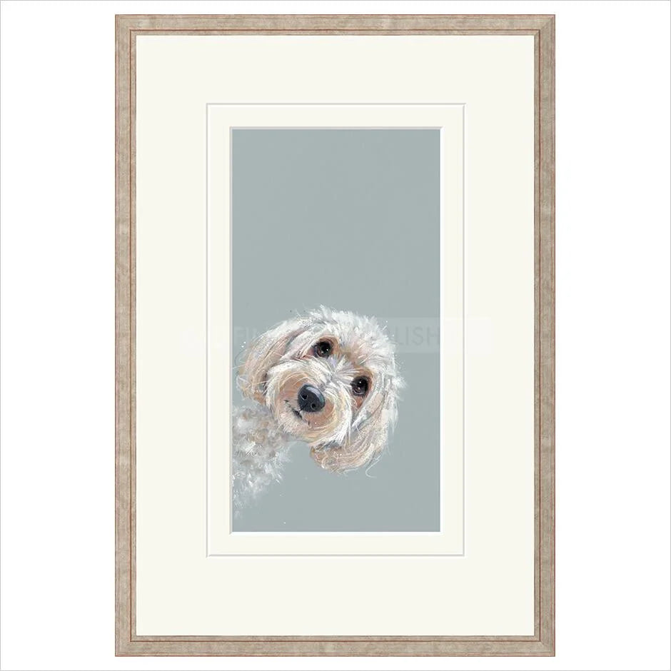 Framed artwork of a dog's face on a light blue background