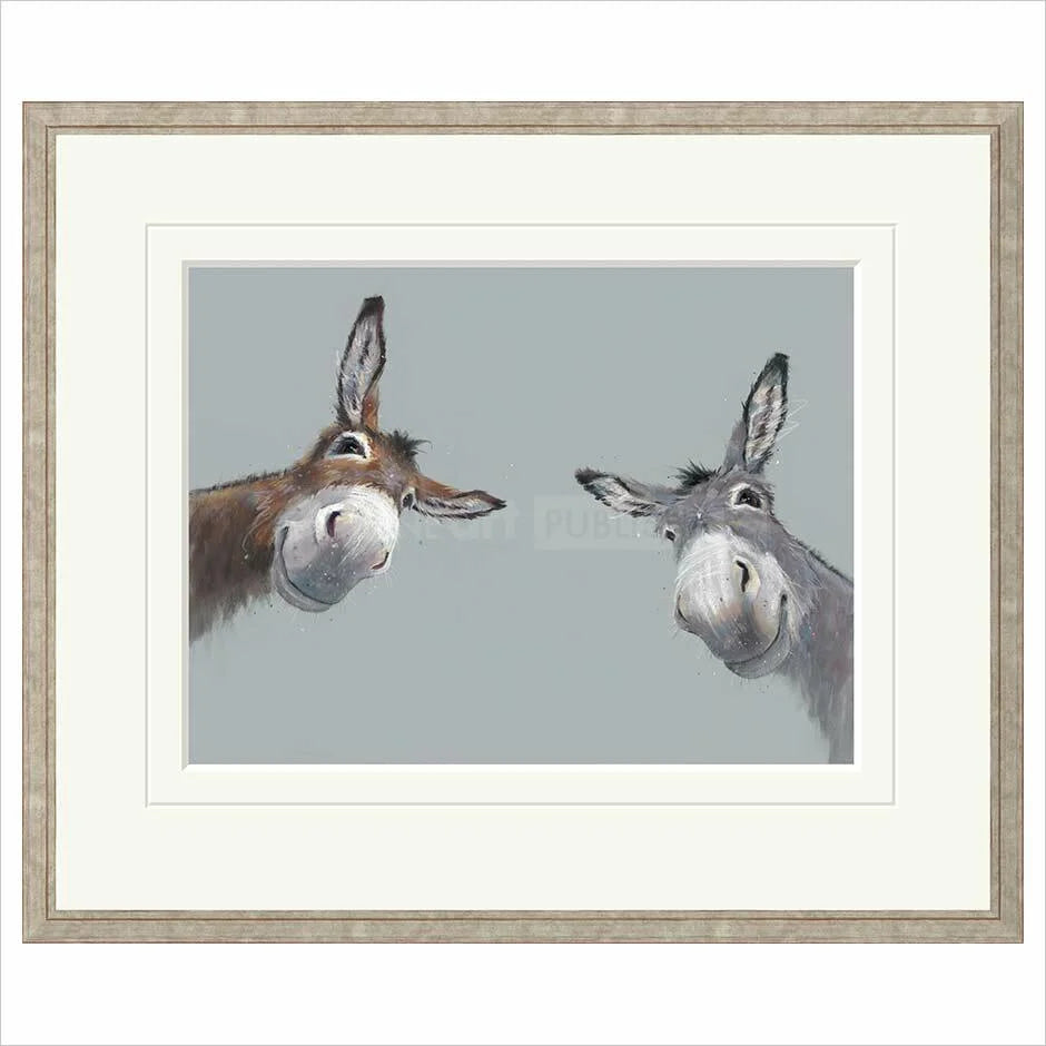 Framed artwork of two donkeys facing each other on a light gray background