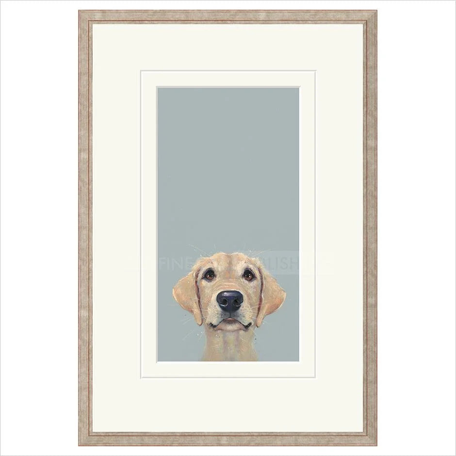 Framed artwork of a dog's face on a light blue background