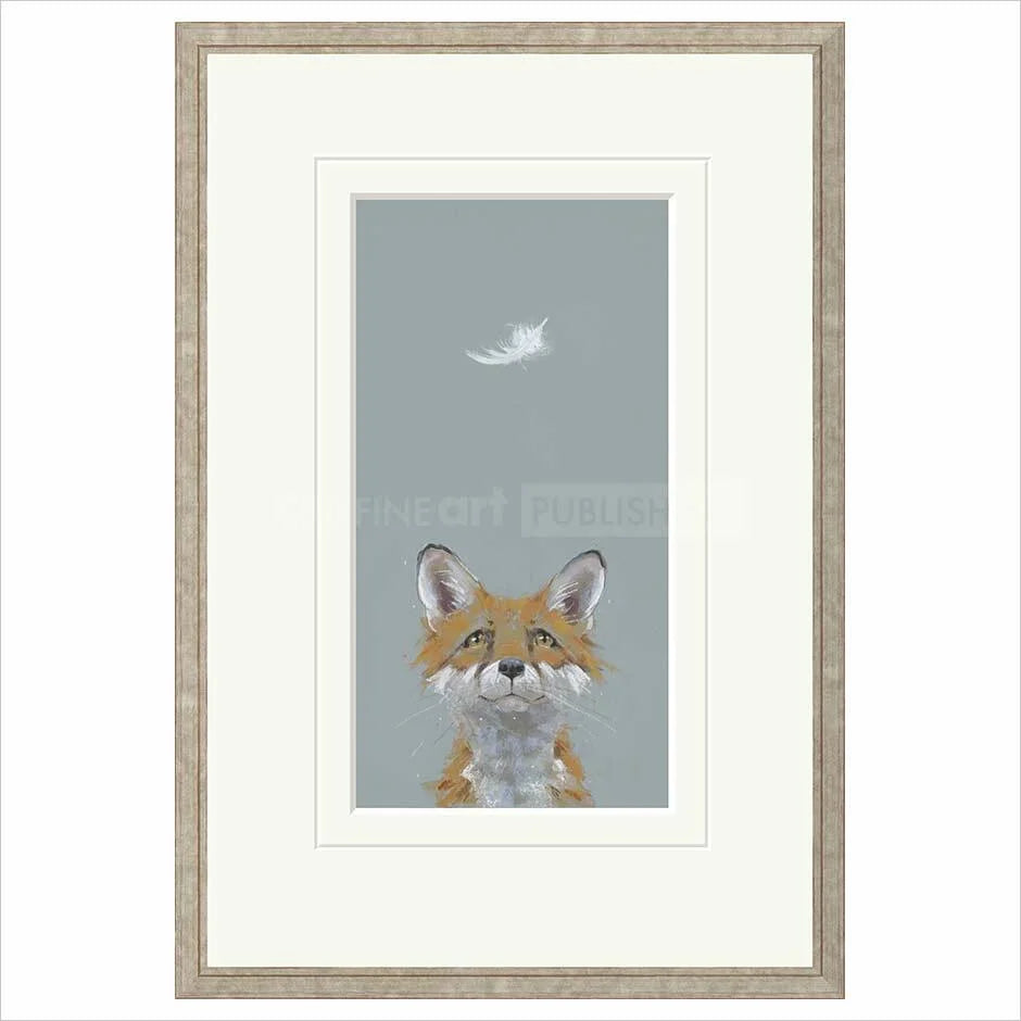 Framed artwork of a fox with a feather on a light blue background, featuring the brand 'Fine Cell Work'.