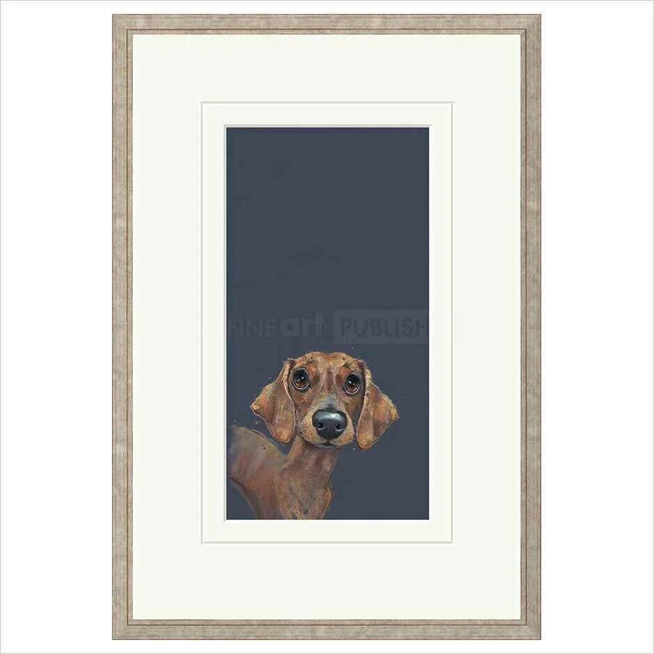 Framed artwork of a dachshund on a dark background