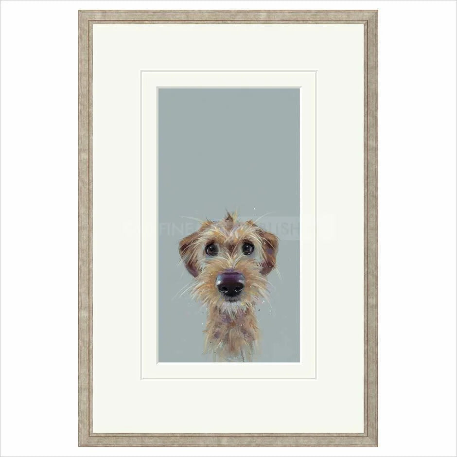 Framed artwork of a dog's face on a light blue background