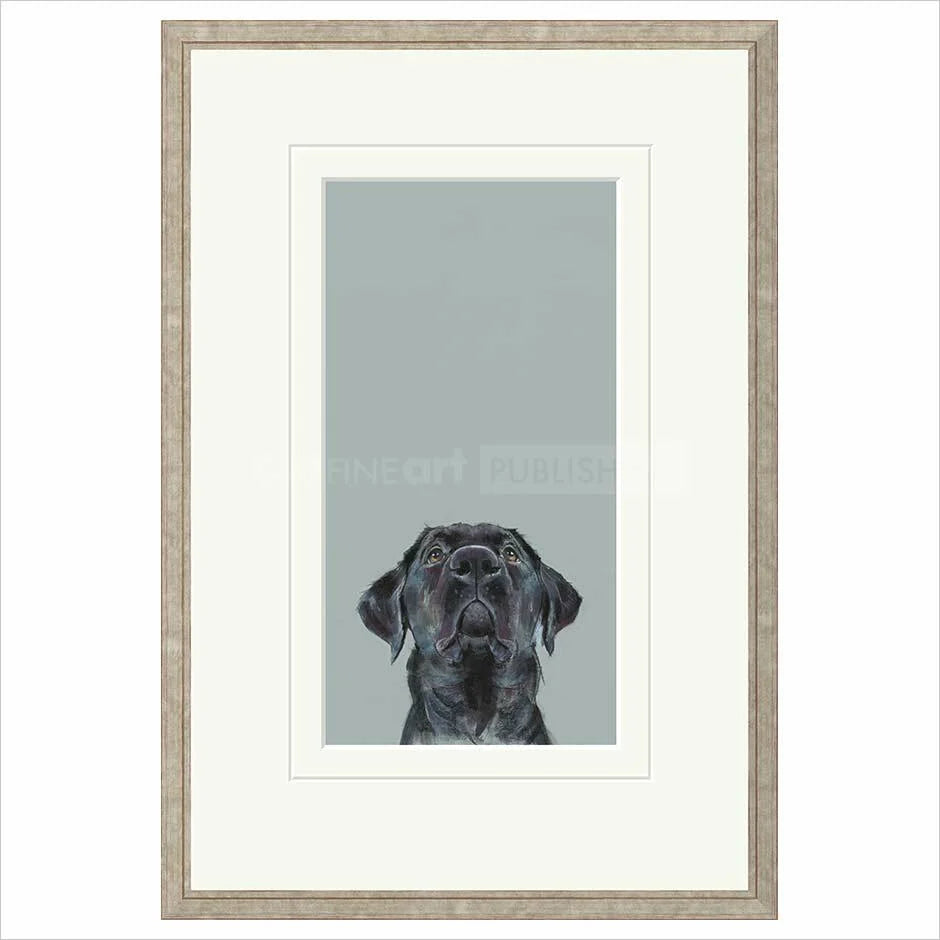Framed artwork of a black dog on a light blue background