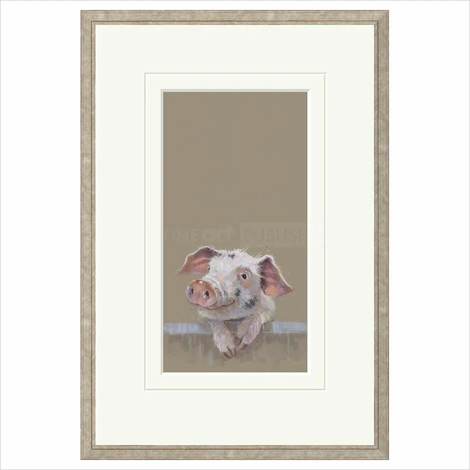Framed artwork of a piglet peeking over a fence on a beige background