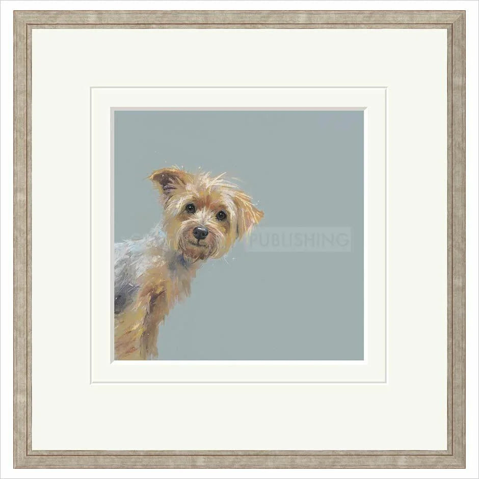 Framed artwork of a dog on a light blue background
