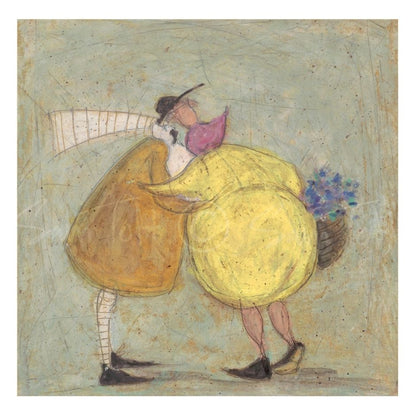  artwork of two people hugging holding a bunch of flowers in a basket on a muted background 