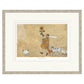 Framed artwork of a person holding a sunflower with two dogs and a cat on a textured background