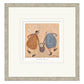 Framed artwork of two stylized figures holding handles of bag containing a dog on a beige background.