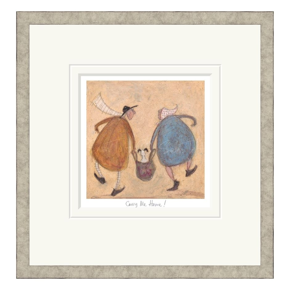 Framed artwork of two stylized figures holding handles of bag containing a dog on a beige background.