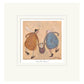 mounted artwork of two stylized figures holding handles of bag containing a dog on a beige background.