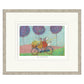 Framed artwork of a couple on a bicycle with a dog, under purple trees.