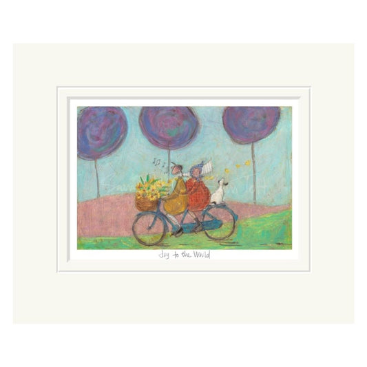 mounted artwork of a couple on a bicycle with a dog, under purple trees, titled 'Joy to the World'.
