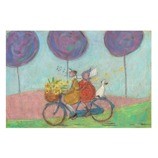 Two people on a bicycle with a dog, surrounded by large trees and flowers, in a whimsical setting.