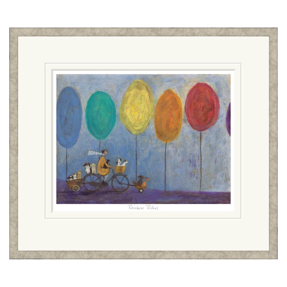 Framed artwork of a man on a bicycle with dogs, surrounded by colorful circular trees against a blue sky.