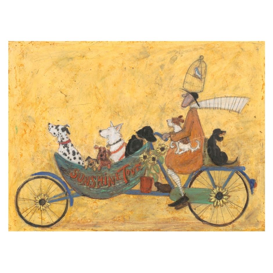Illustration of a man riding a bike with cats and dogs and a bird cage on his head.