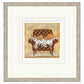 Framed illustration of two black and white dogs laying on a patterned sofa against a beige background.