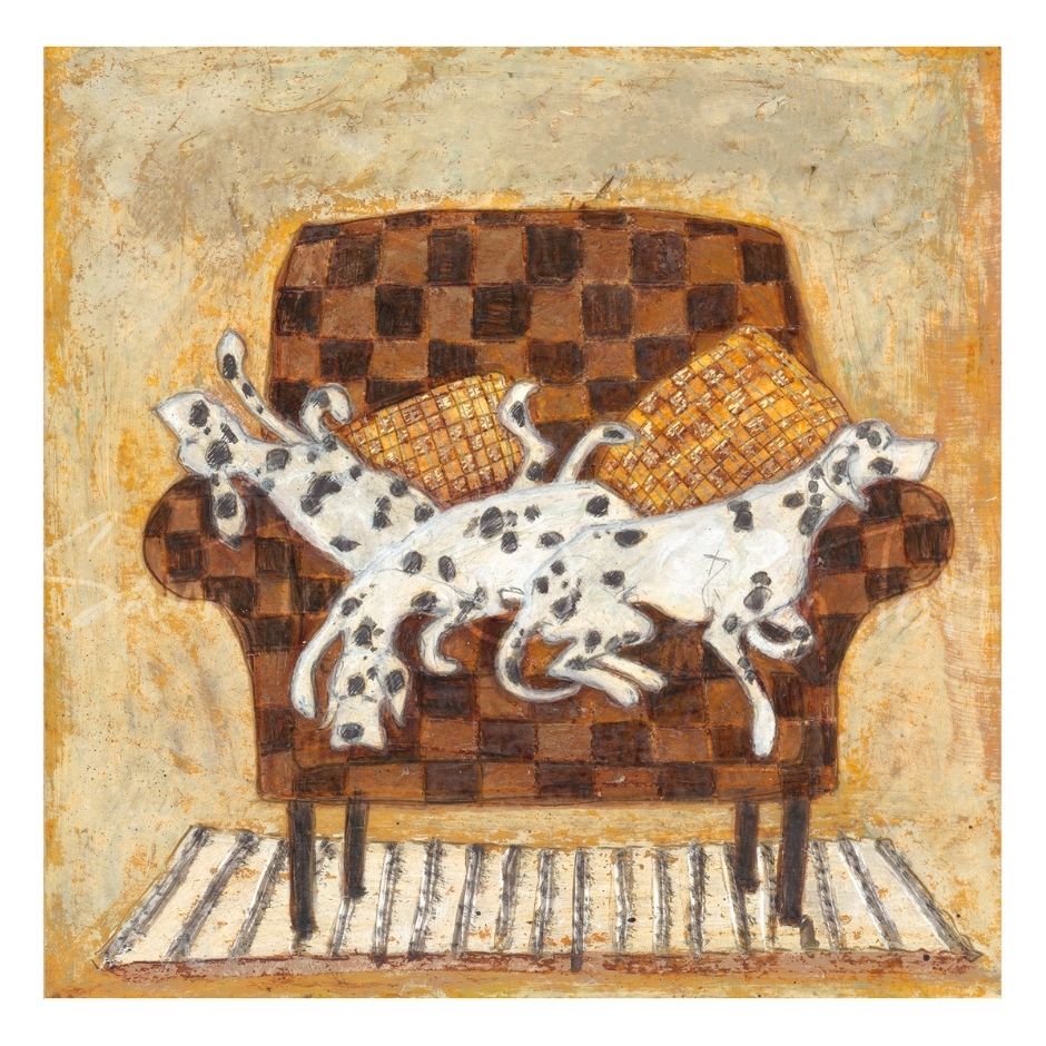 Illustration of two black and white dogs laying on a patterned sofa against a beige background.