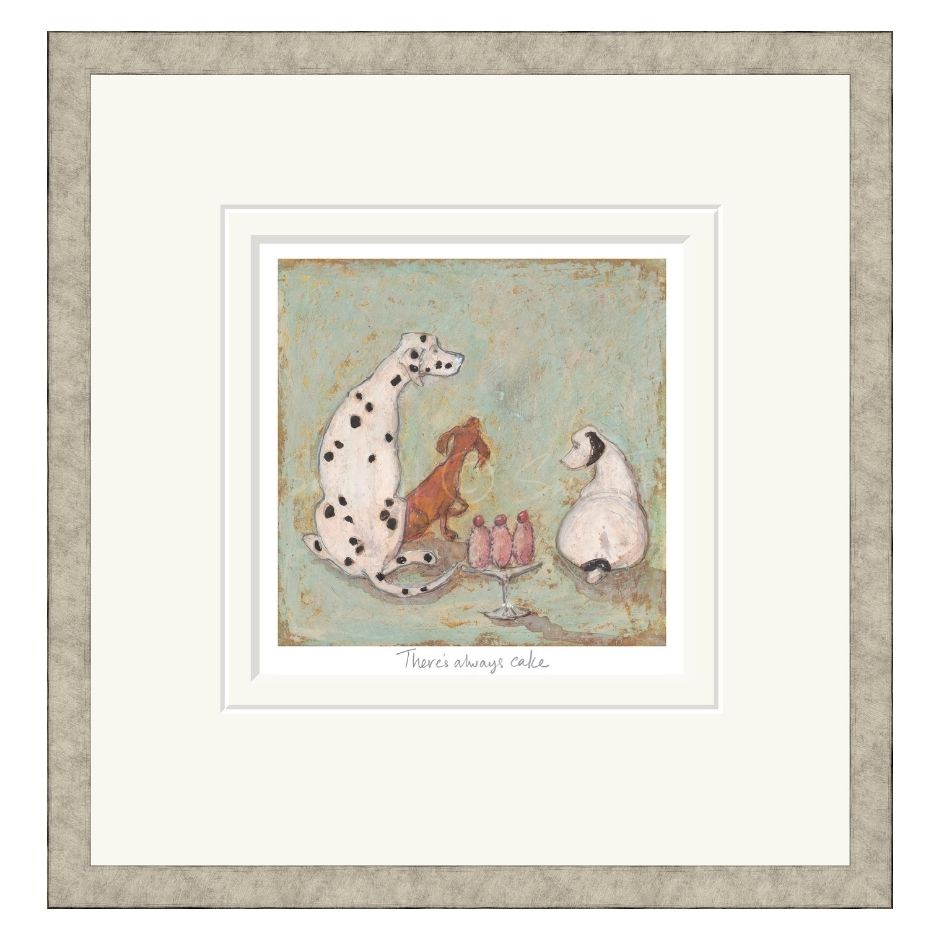 Framed Artistic illustration of three dogs around a table with small cakes on a textured background